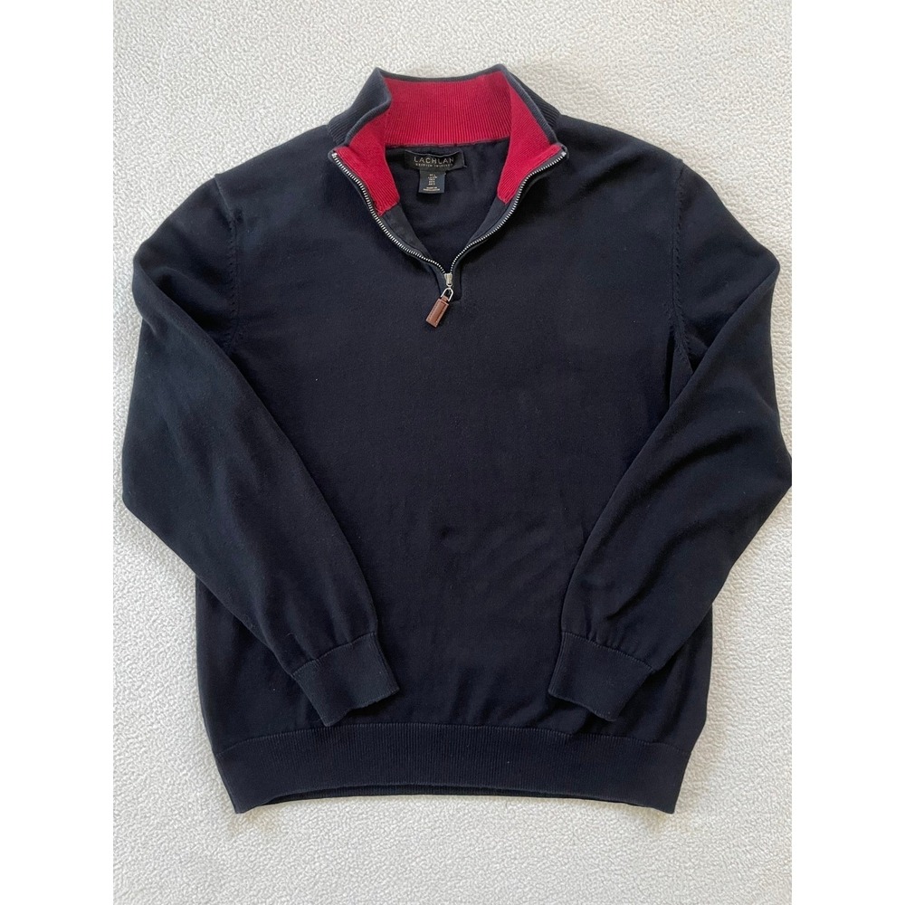 Lachlan Mens Large Quarter Zip Sweater Black Red Contrast Cotton Pullover Preppy